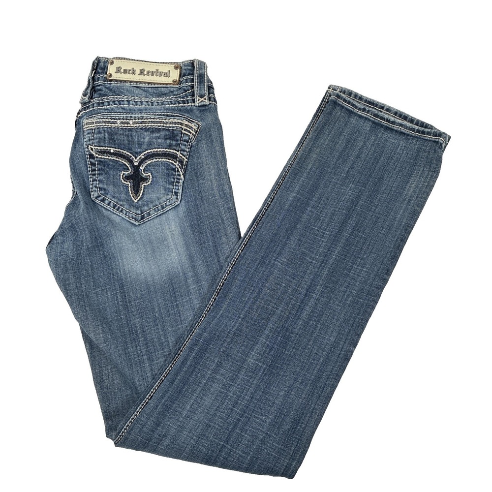 Rock Revival Gina‎ Straight Jeans Women's Size 30 Dark Wash Embellished Pocket